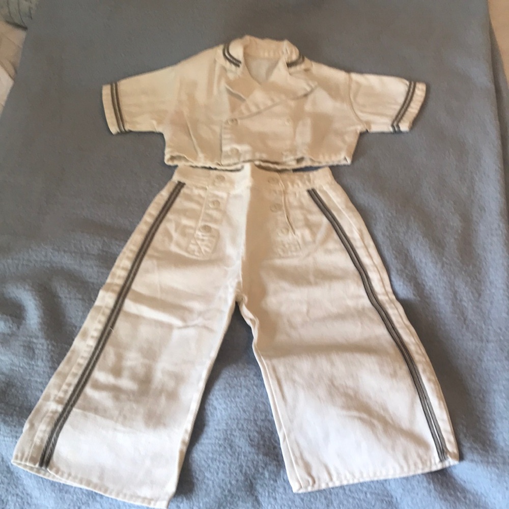Boys Vintage Victorian white trimmed sailor outfit. Drop front breeches.